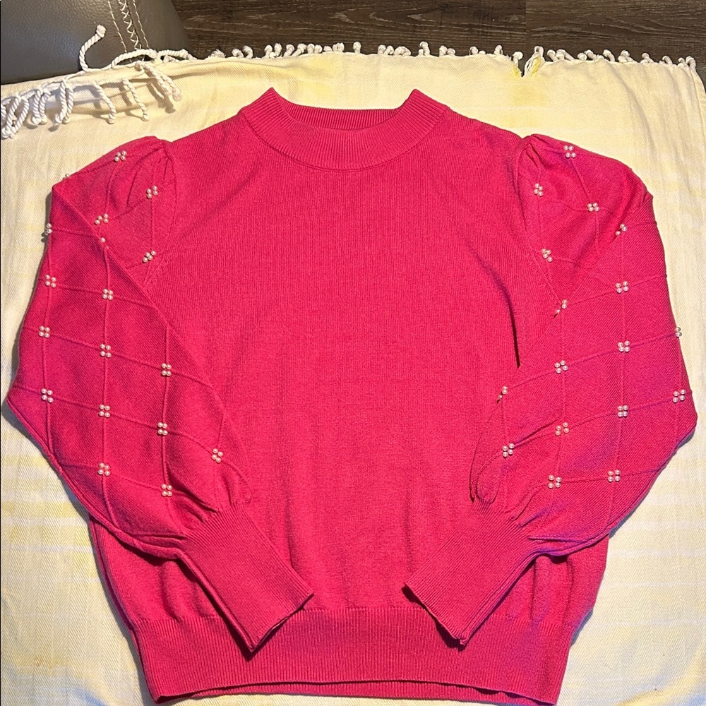 Nanette Lepore Women’s Pink Puff-Sleeve Sweater with Pearl accents sz xl